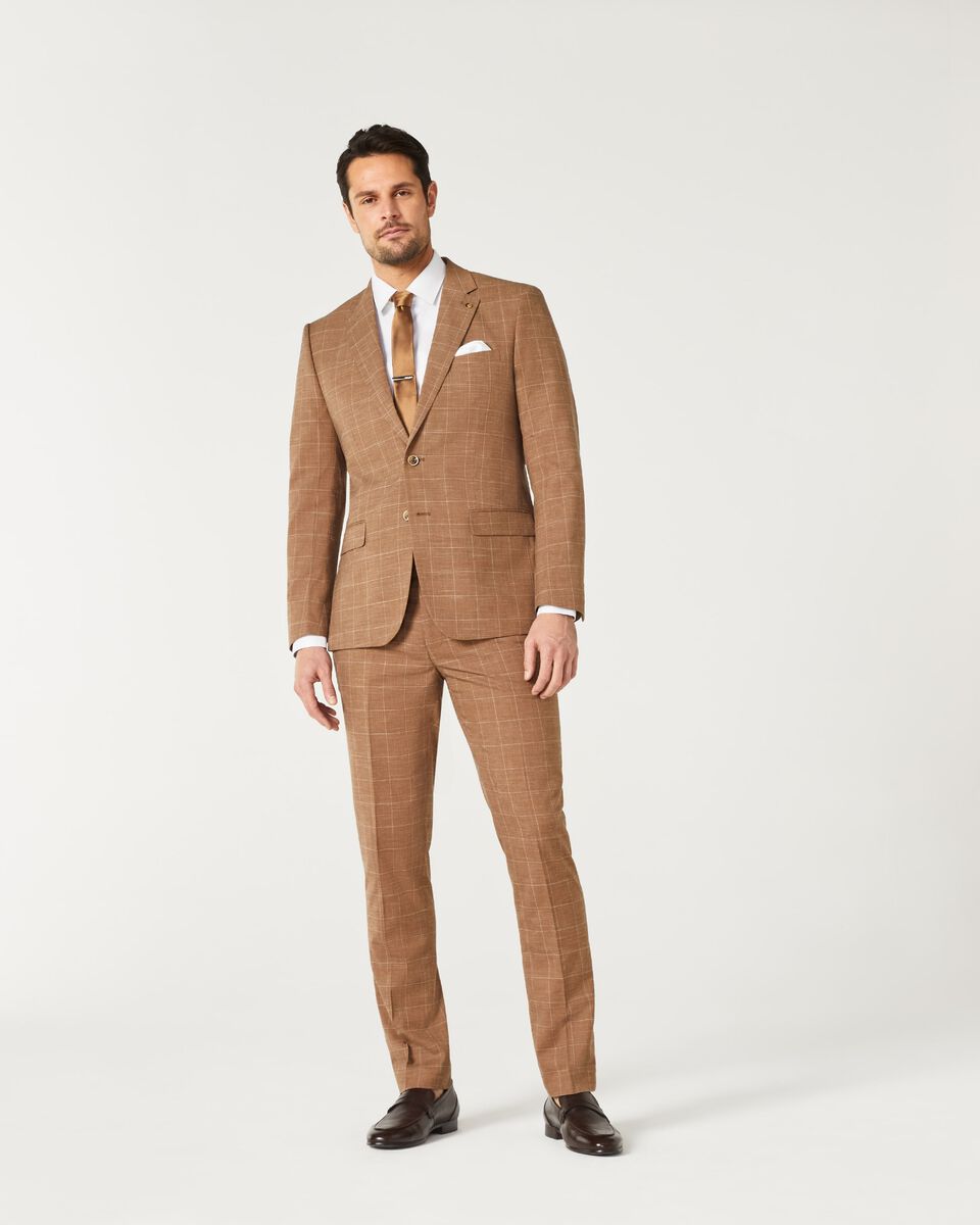 Mens Tan Windowpane Tailored Suit Pant